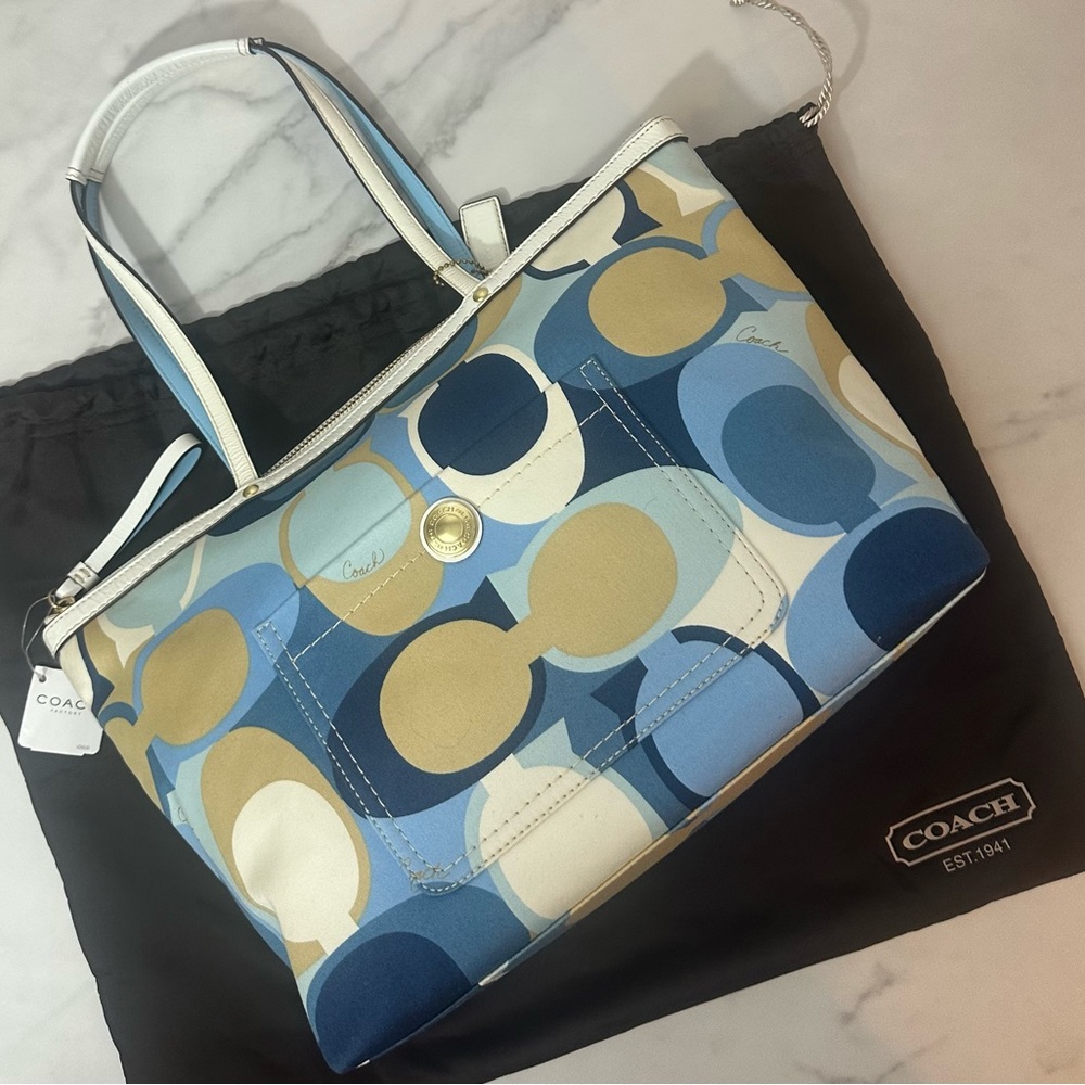 NWT COACH Blue and Tan Scarf Print Satchel L0785-11736 Handbag with Dust Bag